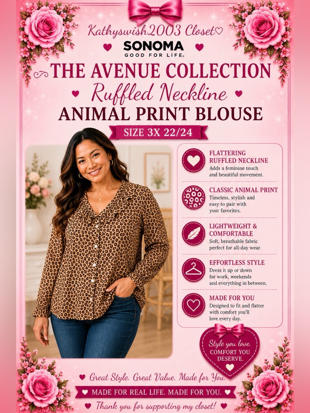 The Avenue Collection Ruffled Neckline Animal Print Blouse 3X 22/24